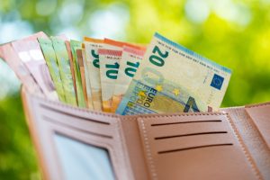 Ein Geldbeutel mit verschiedenen Euro-Scheinen. Dahinter eine grüne Außen-Kulisse